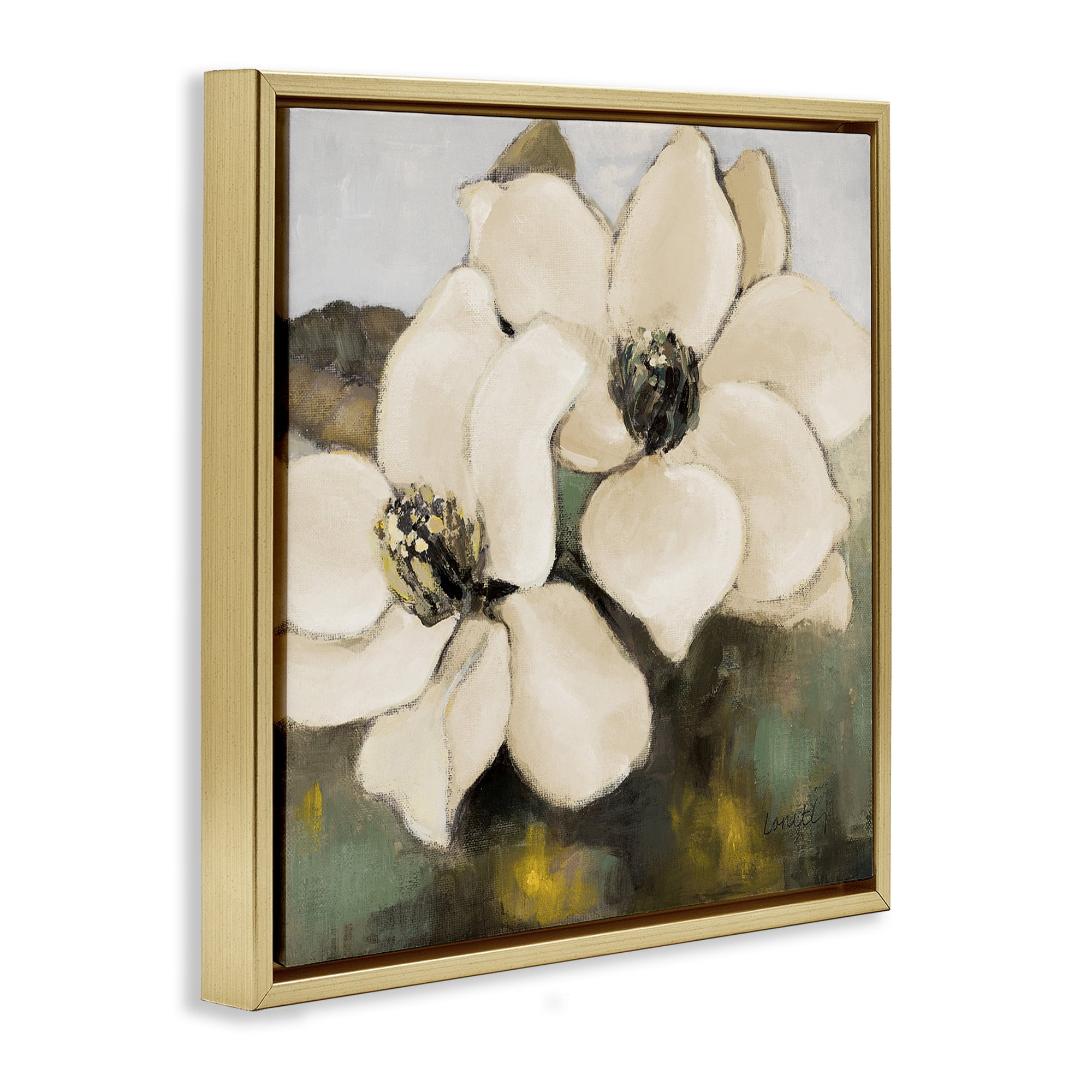 Stupell Industries Magnolia Blossom Duo Botanical & Floral Painting Gold Floater Framed Canvas Art Print Wall Art, 25 x 25