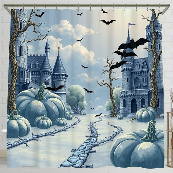 Whimsical Halloween Castle Shower Curtain - Spooky Landscape with Bats & Pumpkins for Fall Decor