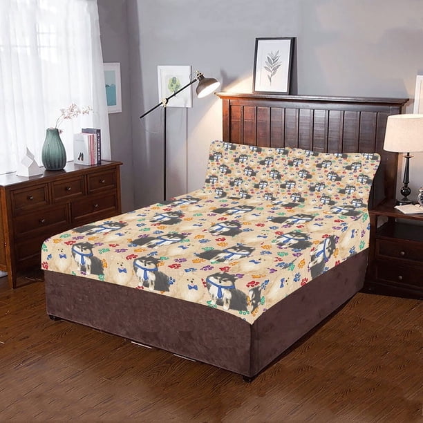 Juego de cama de 3 piezas Rainbow Paw Print Perros Pomerania Azul