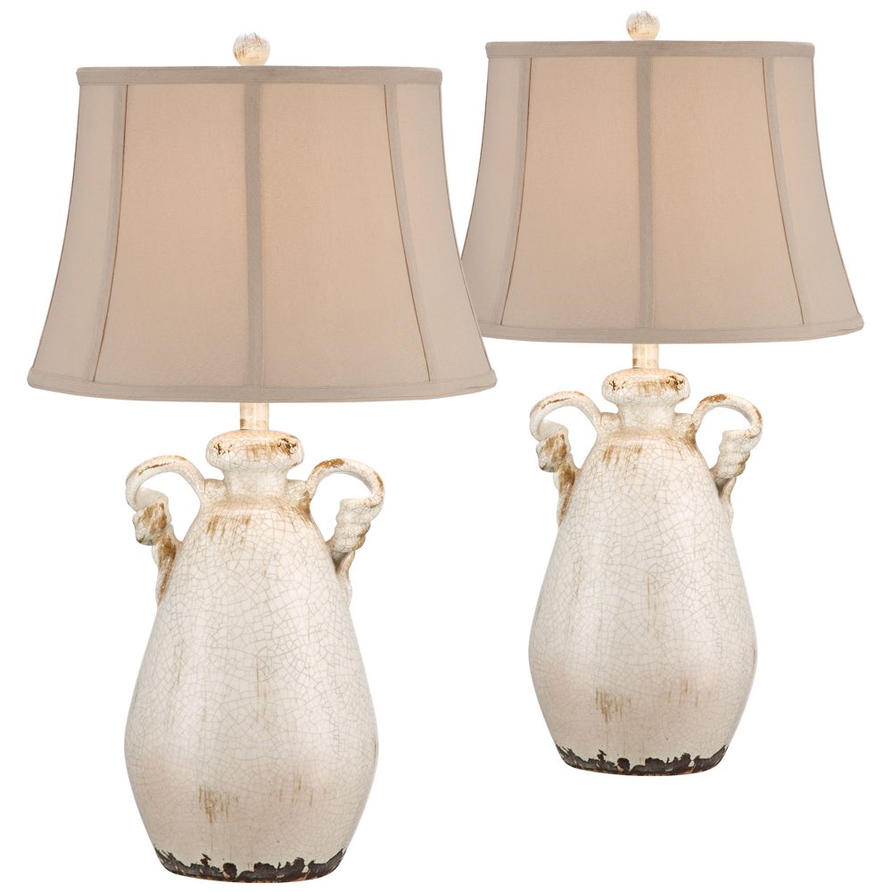 Regency Hill Cottage Table Lamps Set of 2 Rustic Crackled Ivory Ceramic