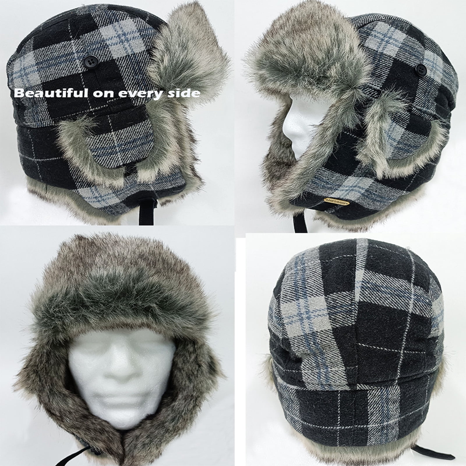HEYANN Winter Trapper hat,Russian Ushanka Plaid Faux Fur Fuzzy for Men Women with Ear Flaps Eskimo Soviet Pilot Hat