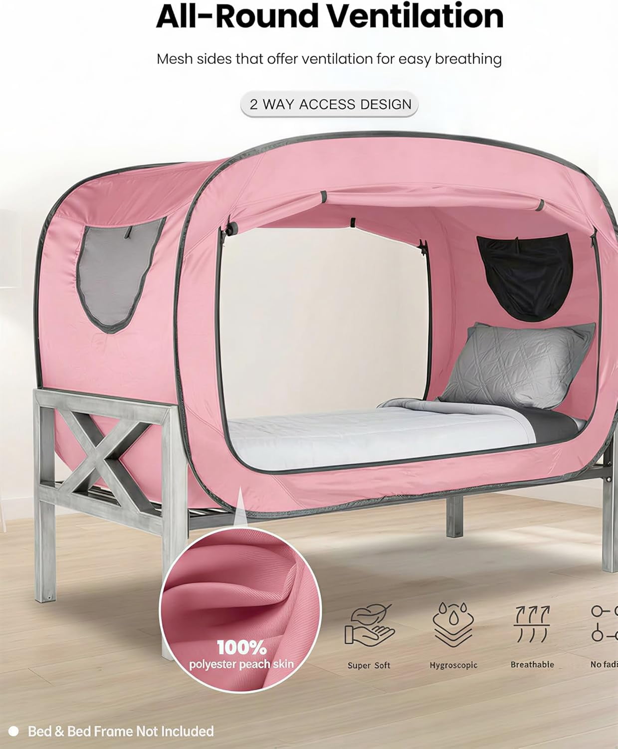 Bed Tent Twin Bed Canopy Portable Dream Tent for Adult Indoor Sleeping Tents with 2 Doors Breathable Private Space Tents, Pink