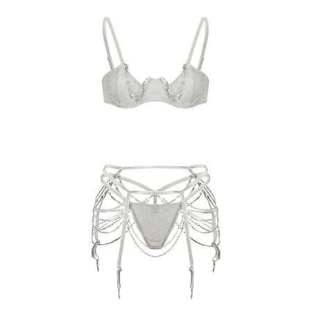 

Knosfe Women Lace Babydoll Deep V Sexy Bra and Panty Set Strappy Lingerie Set with Garter S