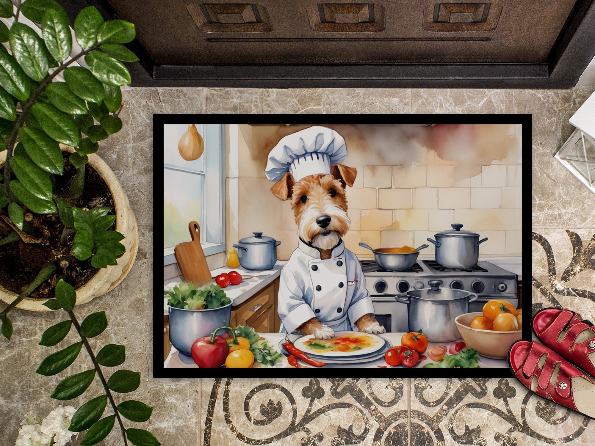 Caroline's Treasures DAC6250JMAT Fox Terrier The Chef Doormat Front Door Mat Indoor Outdoor Rugs for Entryway, Non Slip Washable Low Pile, 24H X 36W