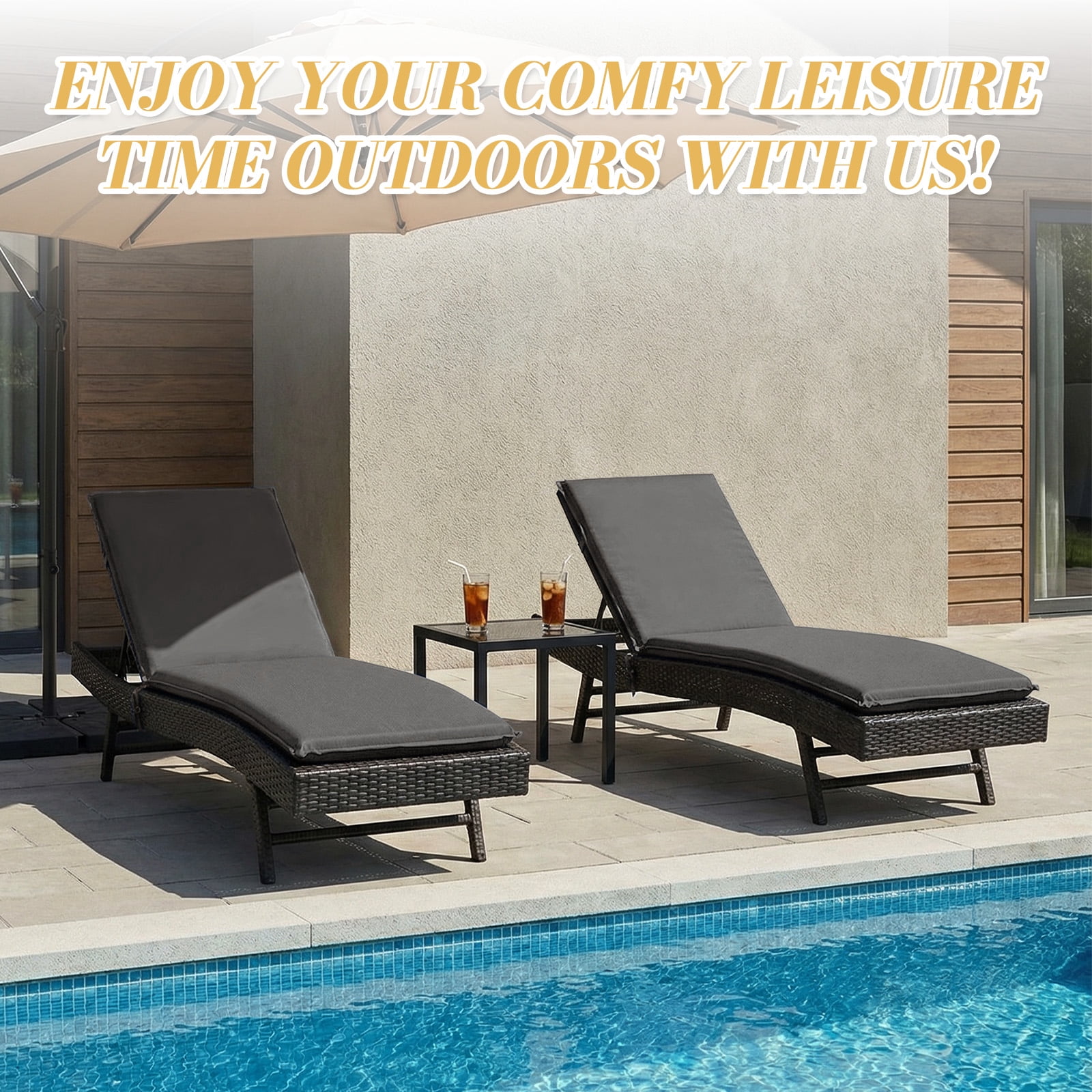 Eurhowing Outdoor Chaise Lounge Cushion 76"×23"×3", Waterproof Thick Patio Furniture Cushions with Straps, High-Density Foam Chair Pads for Poolside & Deck, 1 Pack, Dark Gray