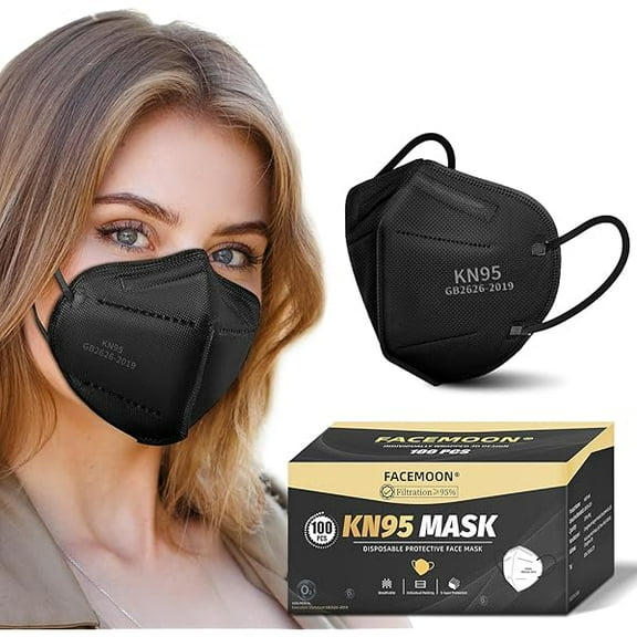 KN95 Face Masks Black Adults - 100 Pack KN95 Disposable Comfortable 5-Layer Safety Face Masks & 5 Adjustable KN95 Masks Extender Masks Large Size