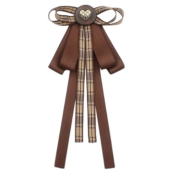 Women Ribbon Bowtie Brooch Pin Student Uniform Vintage Brown Checkered Bowknot Corsage Jabot Collar Pre Tied Necktie