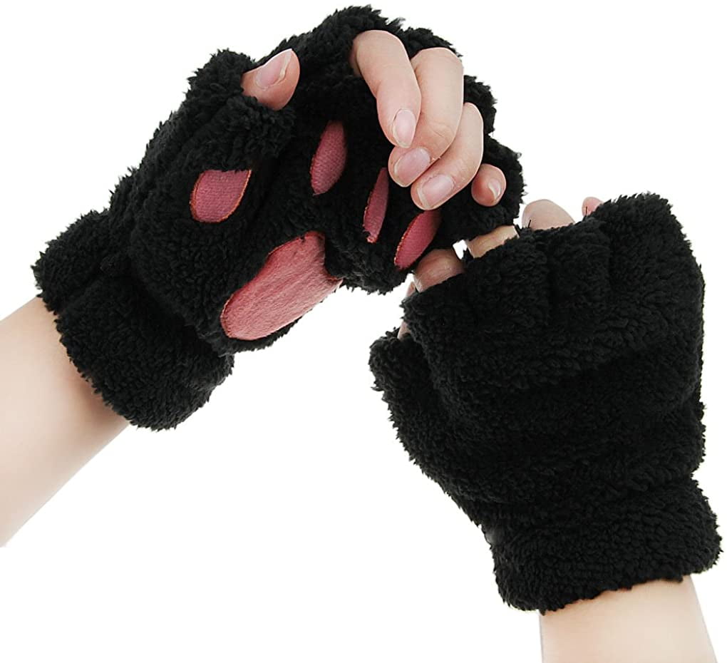 Faux Fur Paws Knit Mittens for Children Boys Girls Soft Winter Gloves For Gifts 