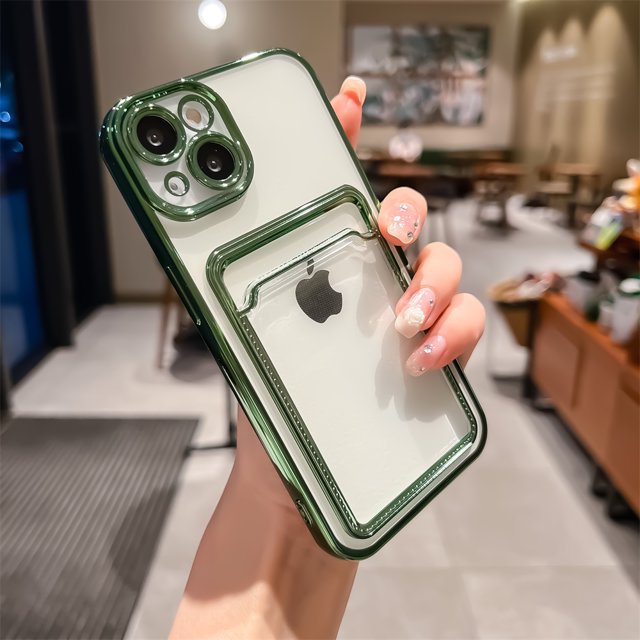 Electroplated Transparent Card Holder Wallet Case For iPhone 11 12 13 14 15 16 Pro Max Photo Pocket Shockproof Silicone Cover Green For iPhone 13 ProMax