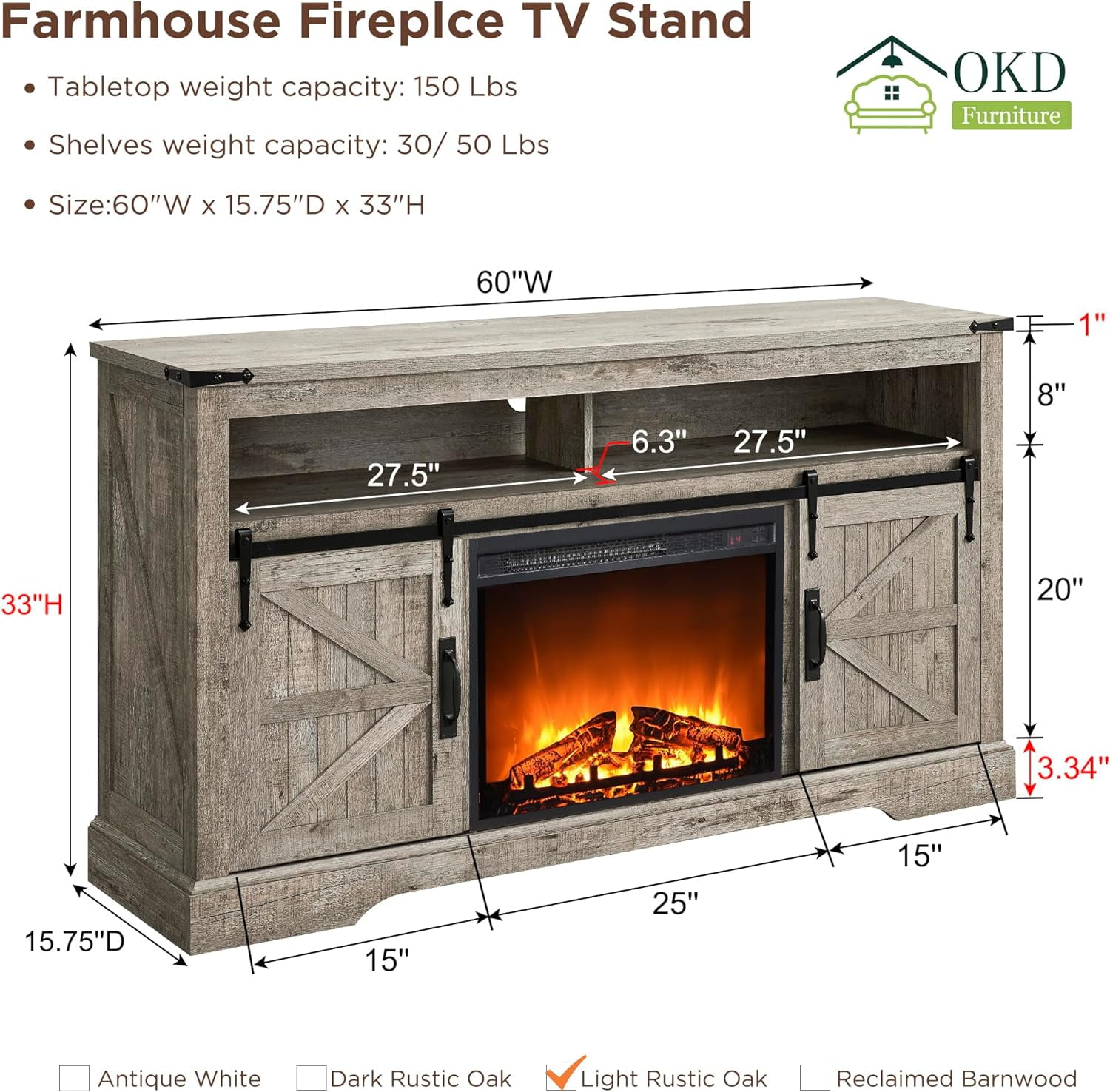 OKD Farmhouse Fireplace TV Stand up to 70", Entertainment Center with 23" Fireplace & Open Storage Shelves for Living Room, Light Rustic Oak