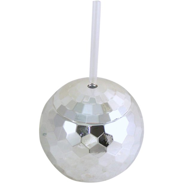 Silver Tone Disco Ball Cup with Straw, 4 1/4 Inch
