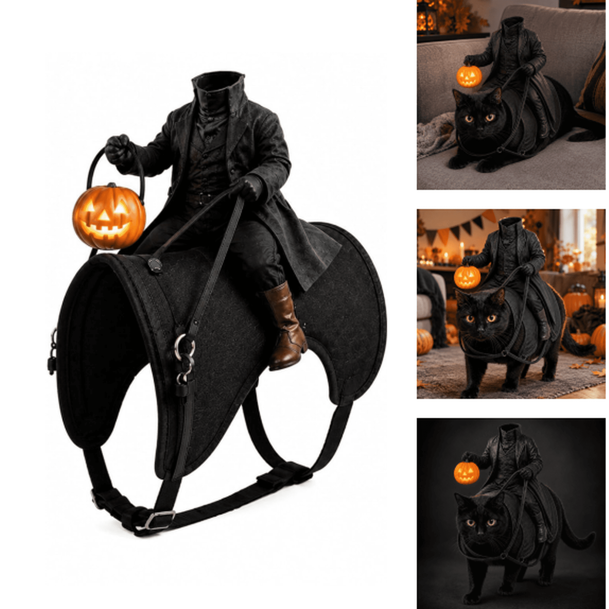 Halloween Cat Costume with Headless Horseman Rider, Unique Rider‑Look Cat Cosplay Suit, Pumpkin Lantern Accent for Holiday Dress‑Up and Small Pet Costume Contest