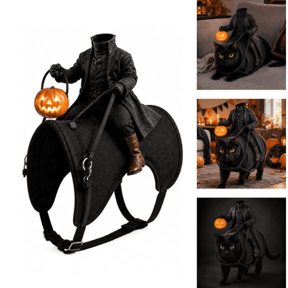 Halloween Cat Costume with Headless Horseman Rider, Spooky Themed Pet Apparel, Decorative Pumpkin Lantern Feature for Kitty Holiday Cosplay and Fancy‑Dress Gathering