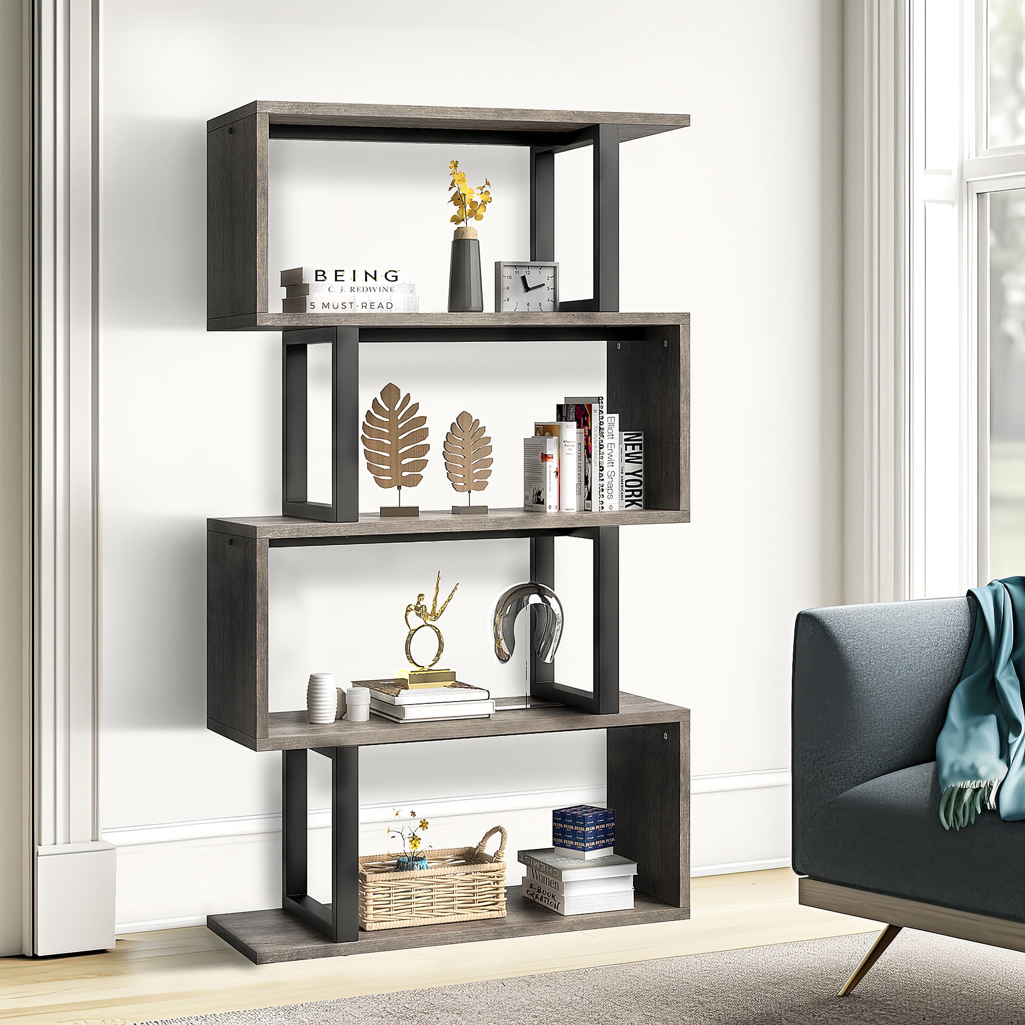 Dextrus 5-Tier S-Shaped Bookshelf, Geometric Bookcase Wooden Z-Shelf Storage Modern Open Shelving, Freestanding Display Bookshelf for Living Room Home Office, Gray