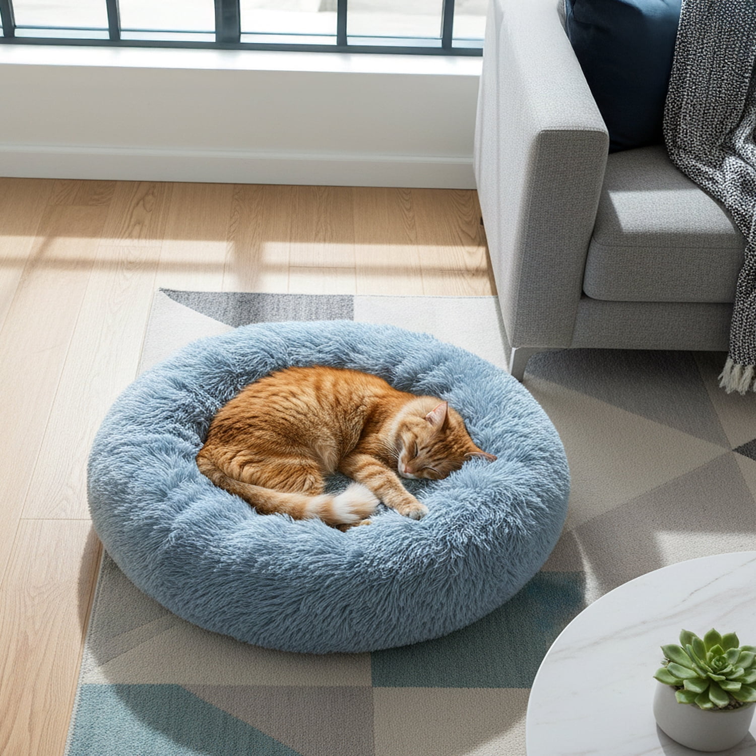 PetAmi Calming Dog Bed for Small & Medium Dogs and Cats, 23 Round Donut Dog Bed, Washable Fluffy Faux Fur Puppy & Cat Bed, Anti-Anxiety Plush Cuddler Pet Bed with Anti-Slip Bottom - Blue