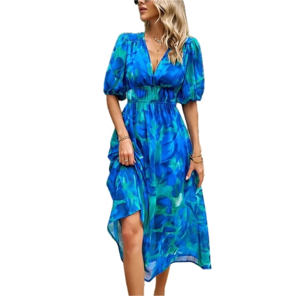Women's Printed Puff Sleeve Midi Dress 100% Polyester Feminine Elegant Party Dress for Summer and Special Occasions