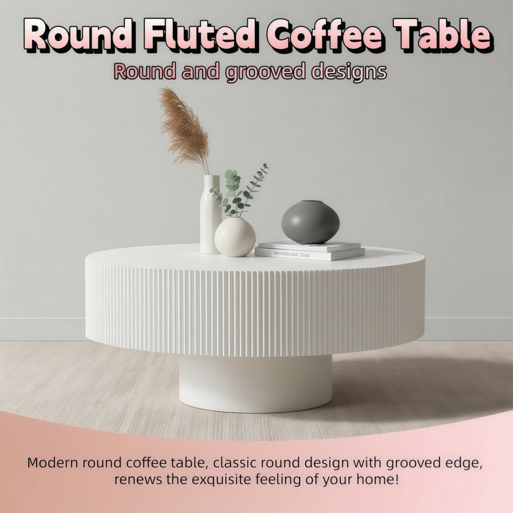 Round Fluted Coffee Table, Modern Pedestal Coffee Table for Living Room, Mid Century Modern Side Table, Small Space Accent Table, White