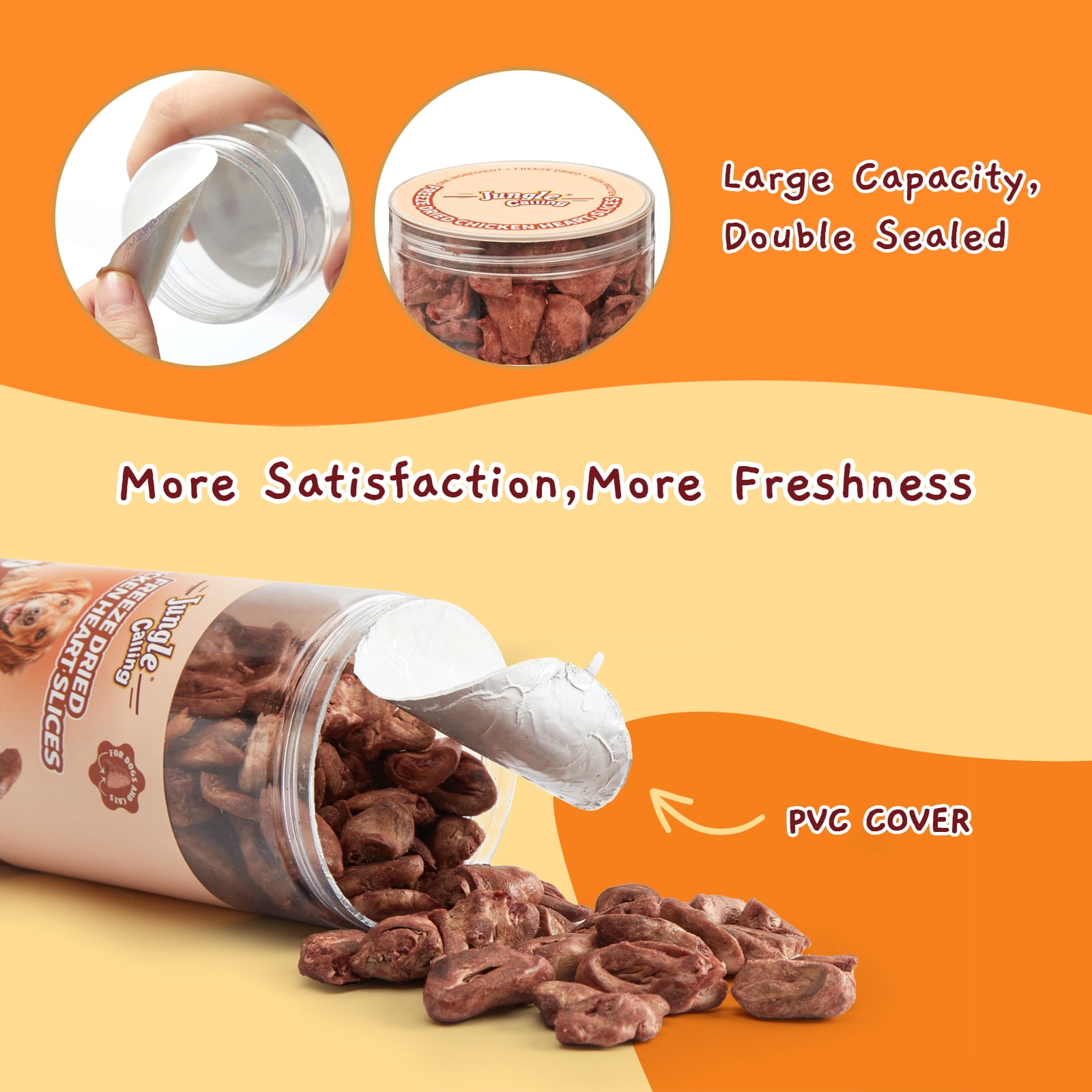 Jungle Calling  Freeze Dried Chicken Hearts Halves for Cats and Dogs, 7.76 oz Jar