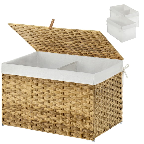 Greenstell Cesta De Almacenamiento Con Tapa De 17,2 Galones (65 L) Pequeña Cesta De Almacenamiento De Mimbre Con Asas, Plegable, 2 Bolsas De Forro Extraíbles, Marco De Metal Para Dormitorio, Lavanderí