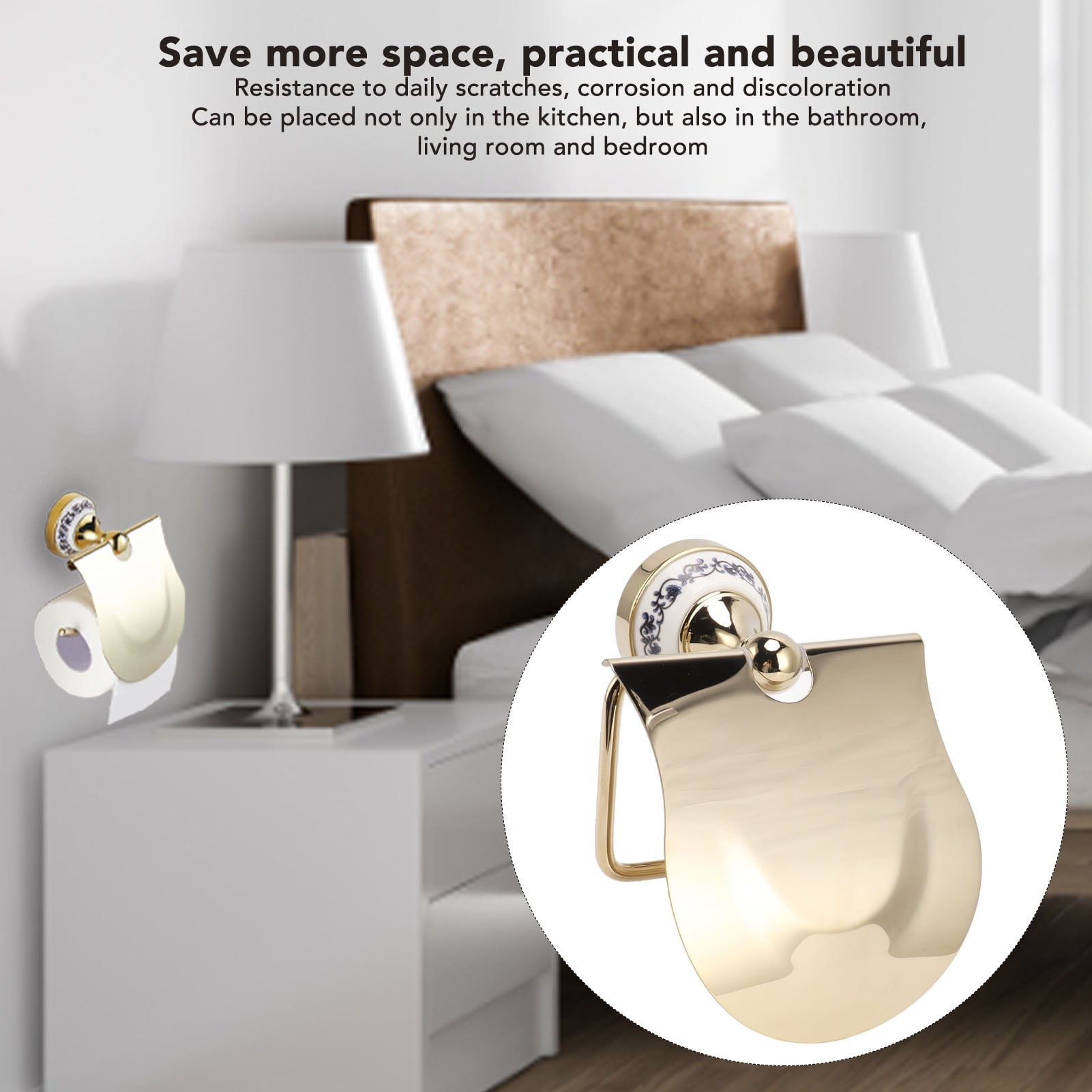 BOKYAN Vintage Gold Toilet Paper Holder, Exquisite Ceramic and Stainless Steel Wall Mounted Tissue Roll Hanger for Bathroom and Kitchen (6.3 x 5.1 inches / 16 x 13 cm)