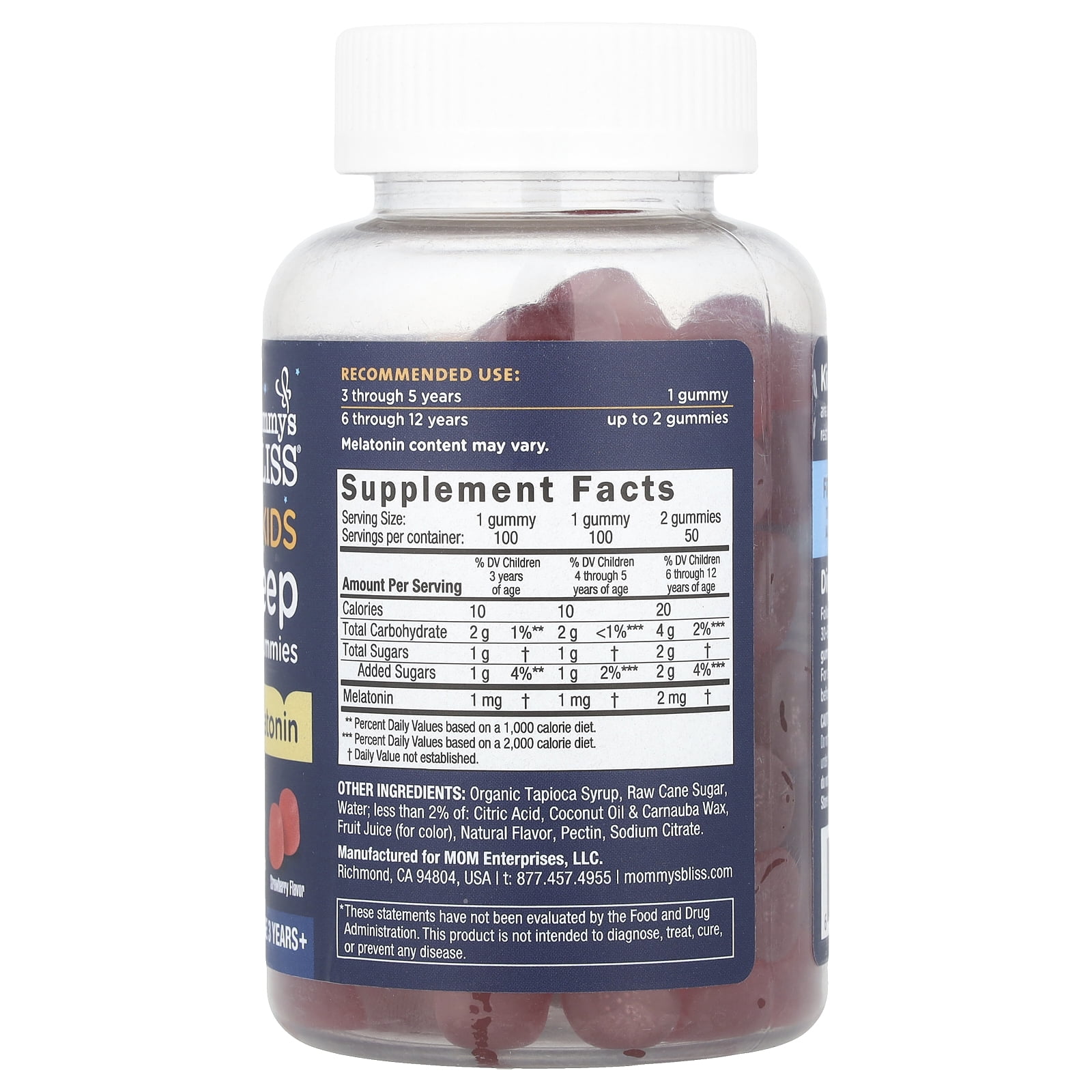 Mommy's Bliss Kids Sleep Gummies With Melatonin, Ages 3 Years+, Strawberry, 1 mg, 100 Gummies