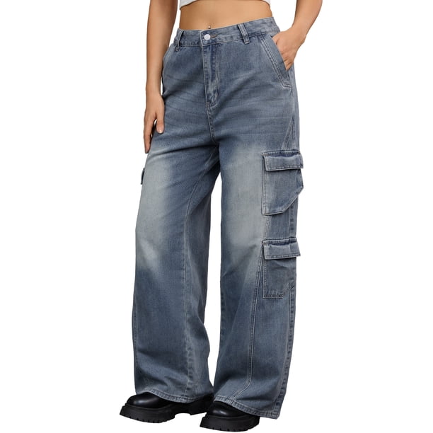 Pantalones de mezclilla cargo para mujer Inspire Chic, de pierna ancha, con múltiples bolsillos, de largo completo, desgastados y holgados, en gris y azul.