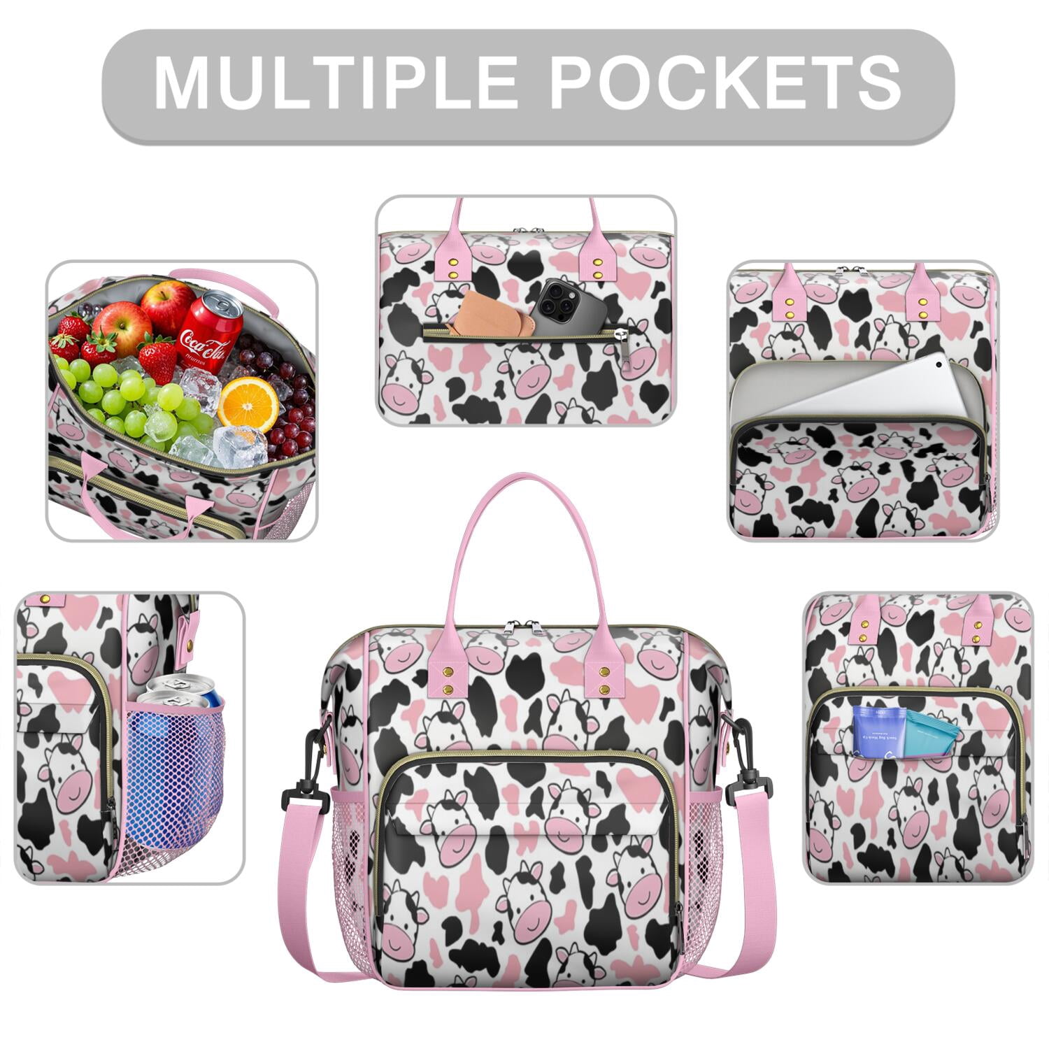 Cow Pattern Black Pink Lunch Box for School,Insulated Large,Lunch Bag,Loncheras Para Mujer,Leakproof Lunch Bag for School,Beach,Travel,Picnic,Camping