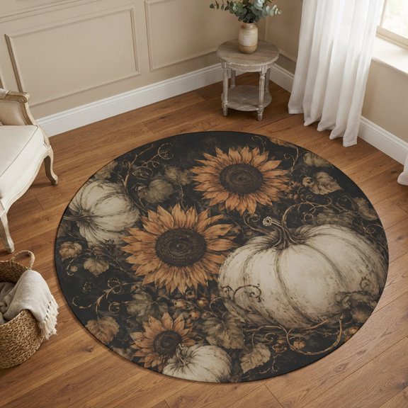 Small Round Rug 3Ft, Vintage Pumpkin Fall Non-Slip Washable Circle Rugs Carpet, Sunflowers Botanical Thanksgiving Indoor Outdoor Rug Floor Mats Throw Runner for Bedroom Living Room Bathroom