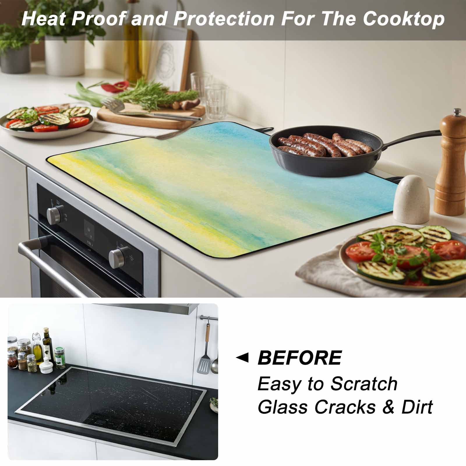 Turquoise Blue Ombre Stove Top Cover for Electric Stove, Heat-proof & Non Slip Glass Top Stove Cover Protector, Abstract Modern Art Oil Painting Kitchen Flat Cooktop Rubber Mat 24x21 Inches