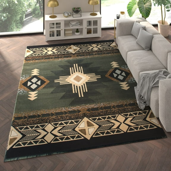 Emma   Oliver Fe 8x10 Ivory Olefin Accent Rug with Complementary Southwestern Pattern in Beige, Black and Brown and Jute Backing