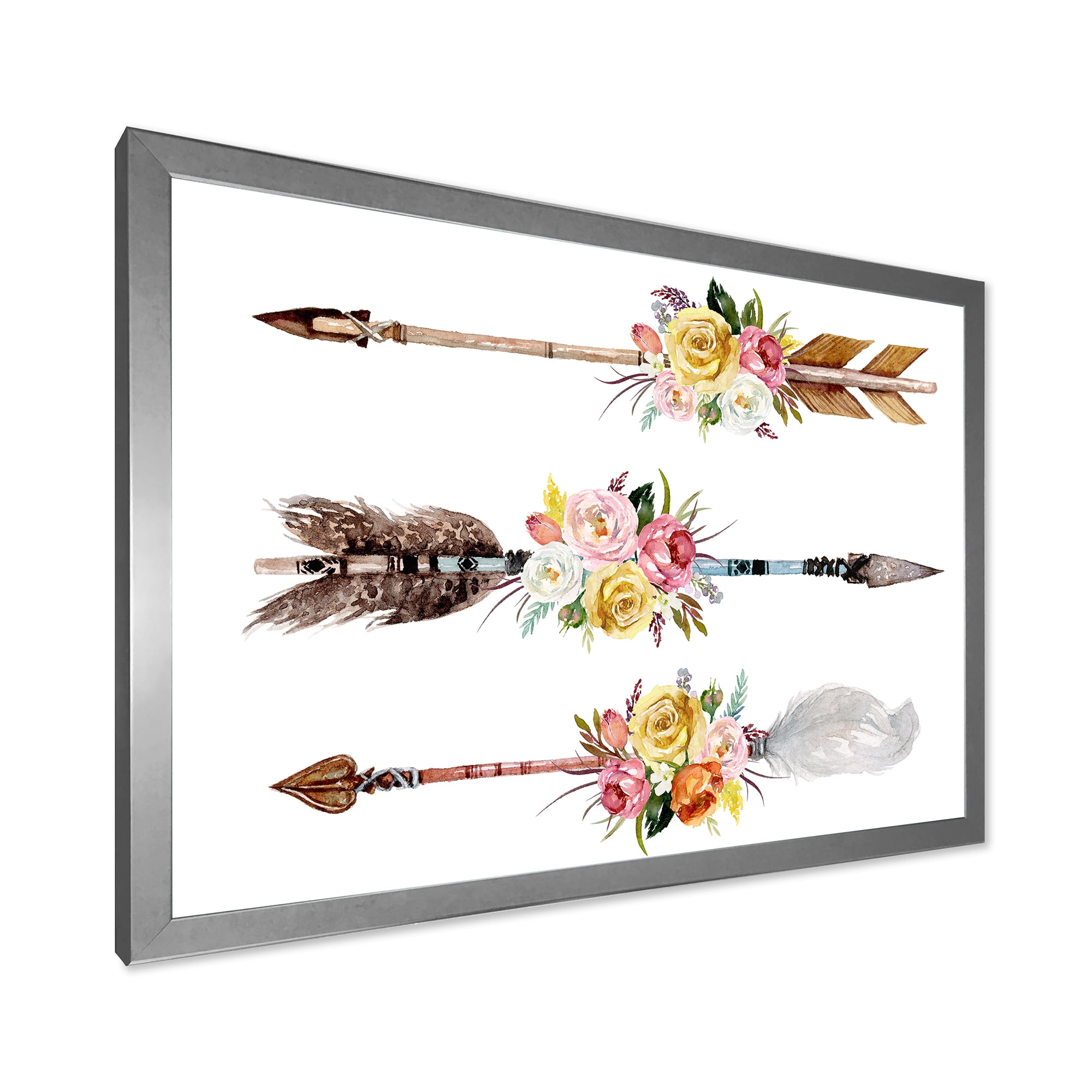 Designart 'Flowers and Ethnic Feathers On Native Arrows II' Bohemian & Eclectic Framed Art Print