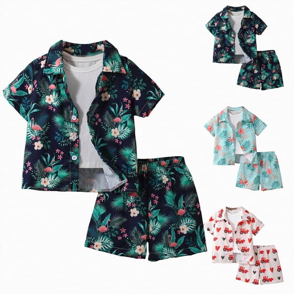 YDFCWXW Boys Hawaiian Outfit 2Pcs Set Summer Beach Button-Down Shirt Top Shorts for Kids 3-7 Years (Mint Green, 6 Years)