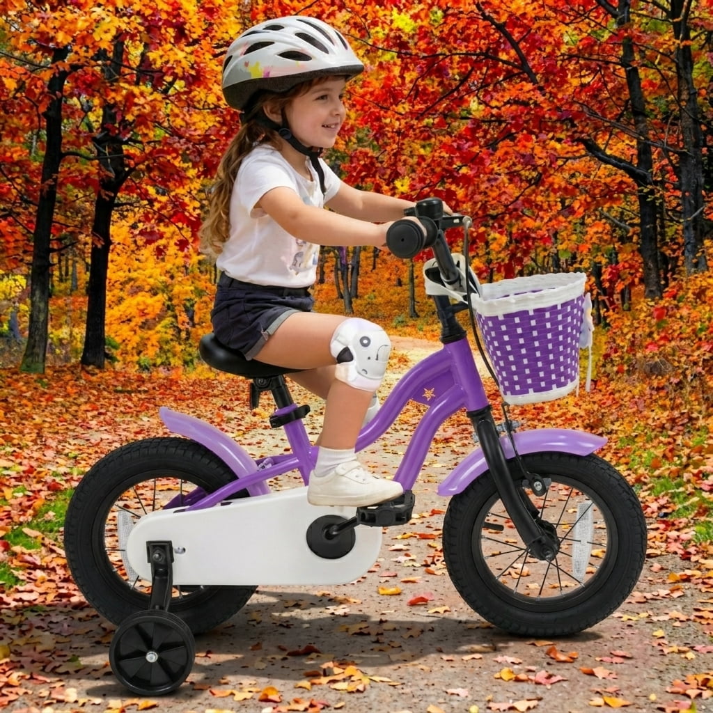 Redsmile Kids Bike 12 Inch with Training Wheels for Boys Girls Aged 3-4 Years Old, Toddler Bicycle with Adjustable Seat and Rider Height 31.5"-41.3", 110 lb Capacity, Purple