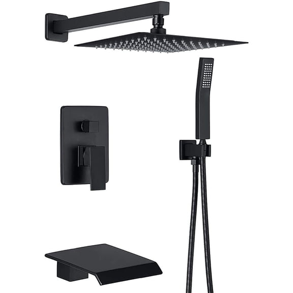 Zovajonia Matte Black Shower System 12 Inches Shower Faucet Set, Rain Shower Head with Handheld Spray Bathroom Wall Mount Shower Fixtures with Tub Spout