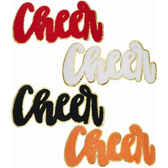 4 Pcs 4 Color Cheer Chenille Letter Patch 5.1x9.8inch Letters Iron on Patch Glitter Gold Edge Embroidered Patch Chenille Embroidered Patch Alphabet Sewing Applique