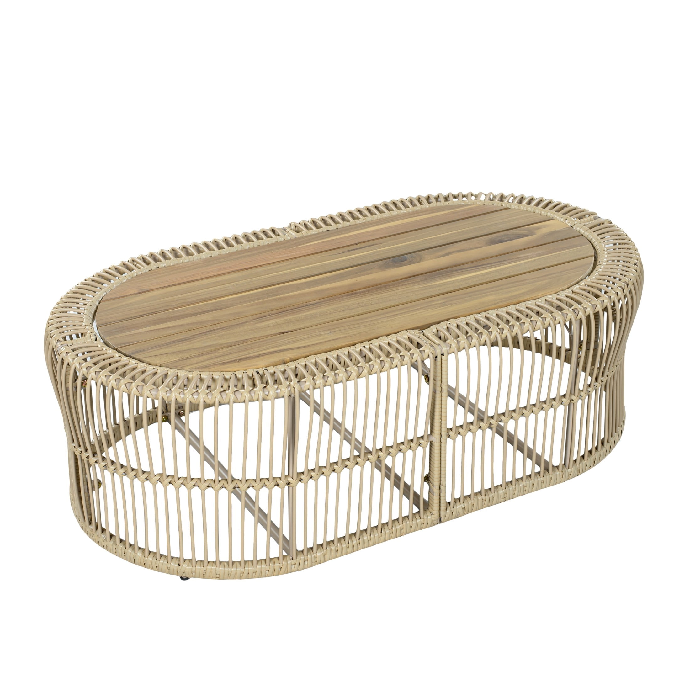 Christopher Knight Home 47" Boho Oval Wicker Frame Coffee Table with Acacia Wood Top, Light Brown