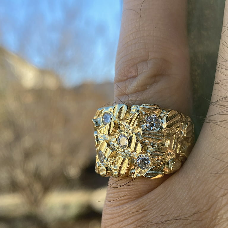 Mens Nugget Pinky Ring 14K Gold Plated over Real Solid 925 Sterling Silver  Iced Diamond Cut Size 7