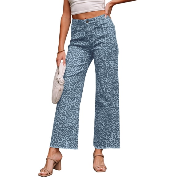 Women's Sky Blue Leopard Frayed Edge Wide Leg Jeans – Casual High Waist Denim for Daily Wear, 16
