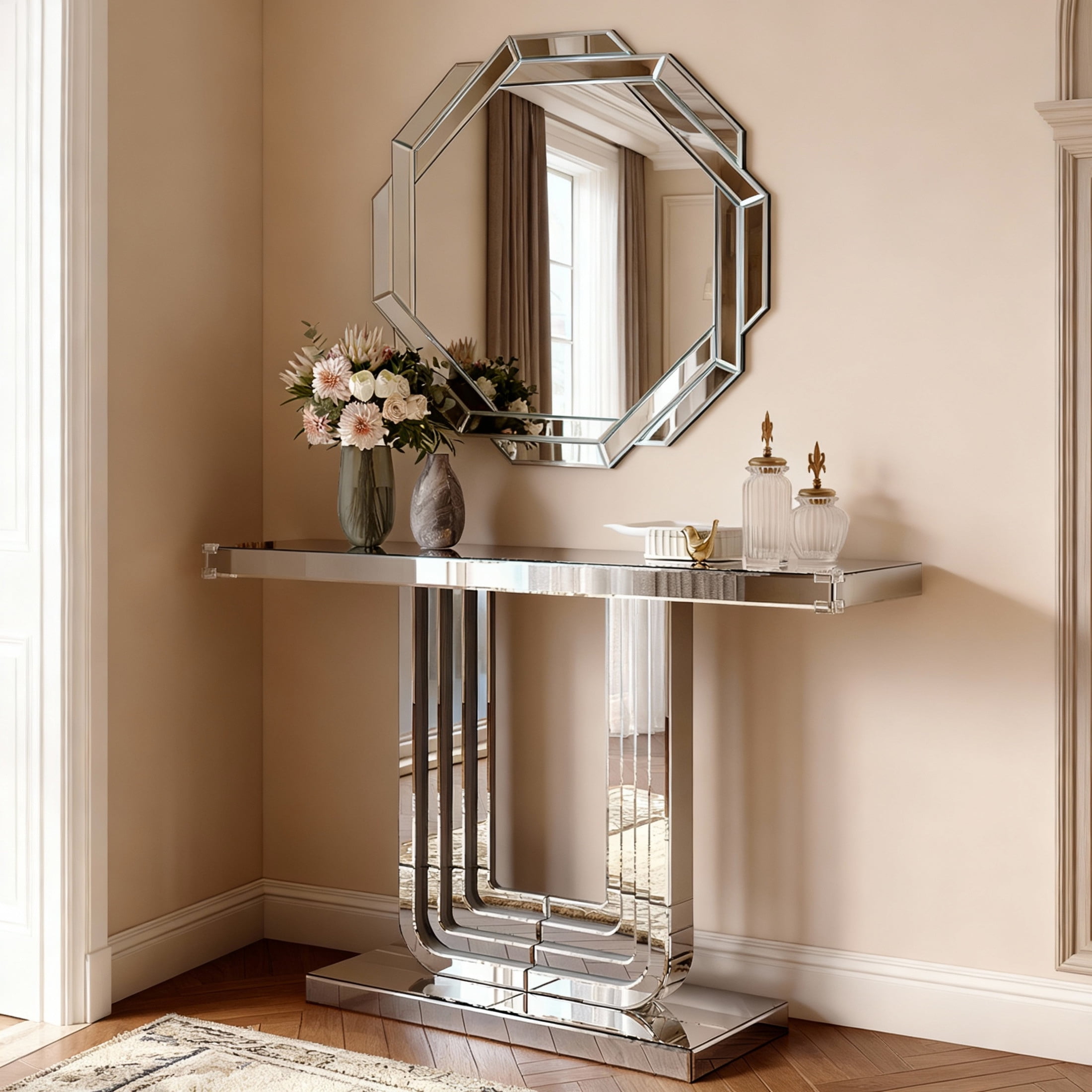 Noble House 29.92" Octagonal Wall Mirror, Frameless Beveled Edge Mirror for Living Room and Bathroom Decor,Silver
