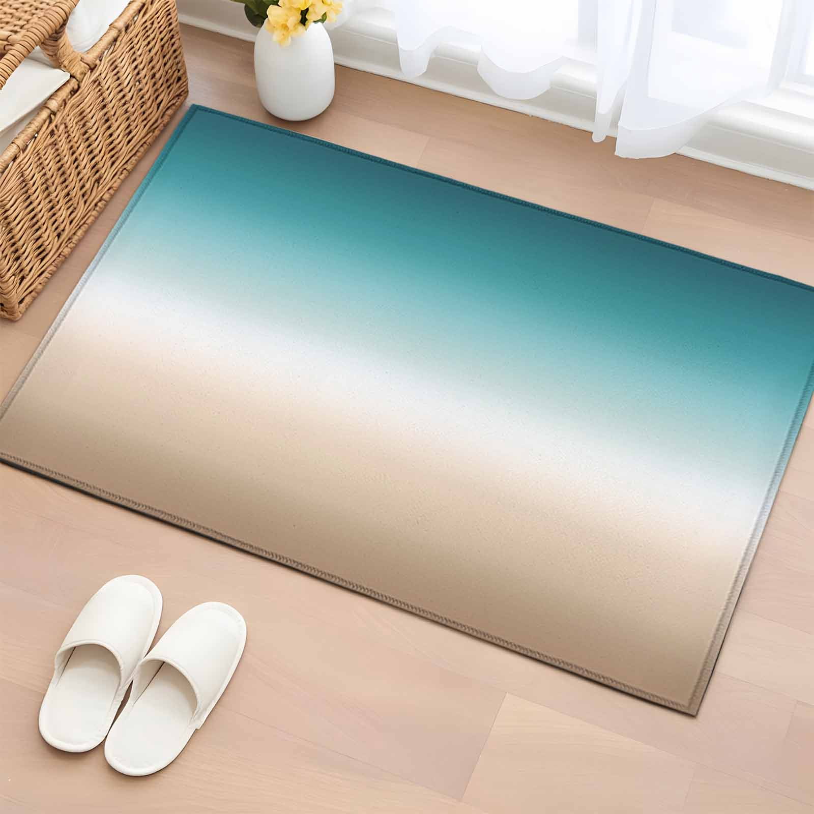 Entrance Runner Rug 2'x3',Teal Beige Ombre Cream Non-slip Doormat for Indoor Outdoor Entrance,Modern Turquoise Abstract Art Throw Floor Mat for Front Door/Living Room/Bedroom/Bathroom/Kitchen