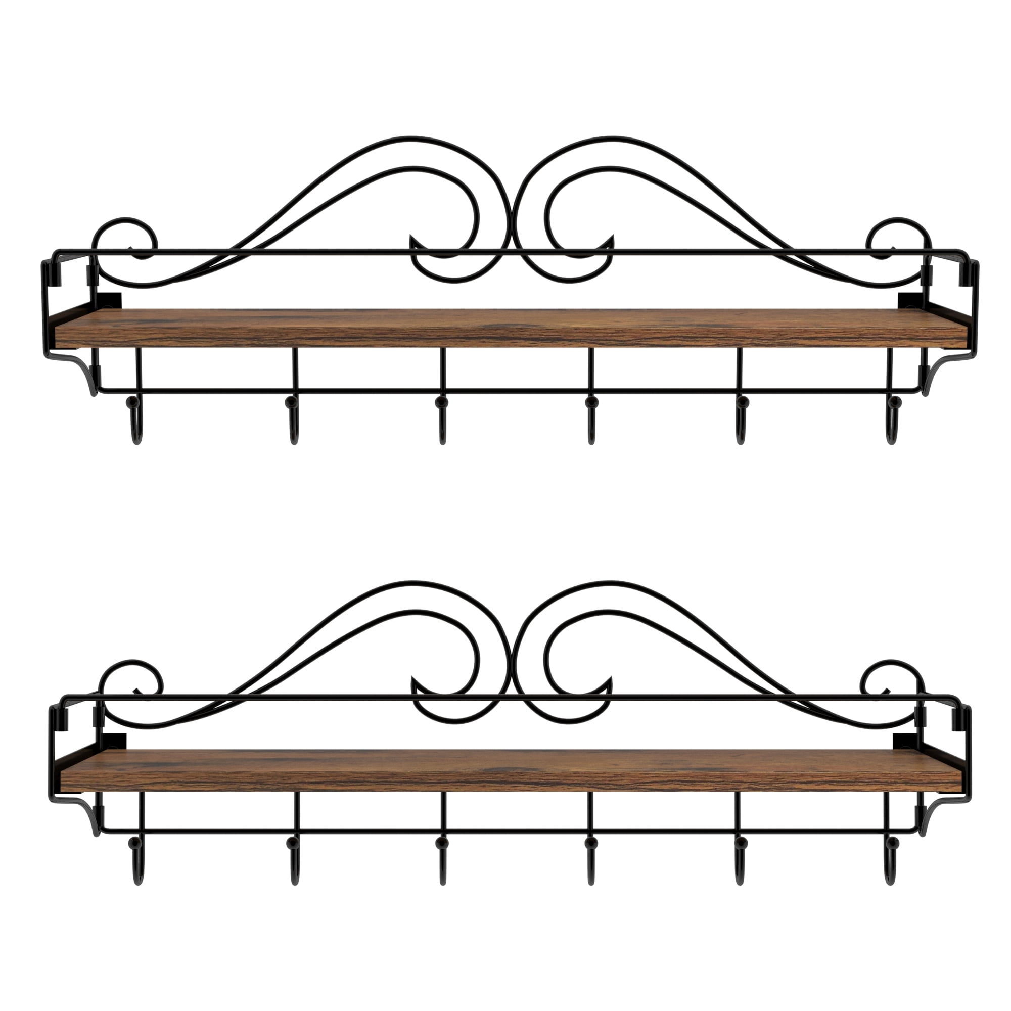 Floating Wall Shelves with Hooks Set of 2, Metal Wire Scroll Wall Decor
