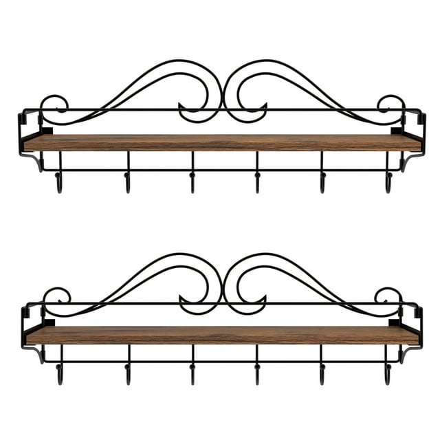 Floating Wall Shelves with Hooks Set of 2, Metal Wire Scroll Wall Decor