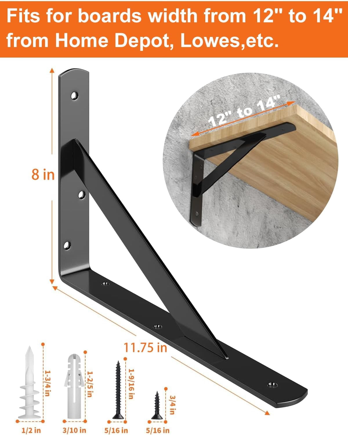 12-Pack Heavy Duty Shelf Bracket 11 Inch, Wall Fit for 11-16 Inch Floating Shelves, L Brackets with 90 Degree Triangle, 250 LBS Max Load, Black