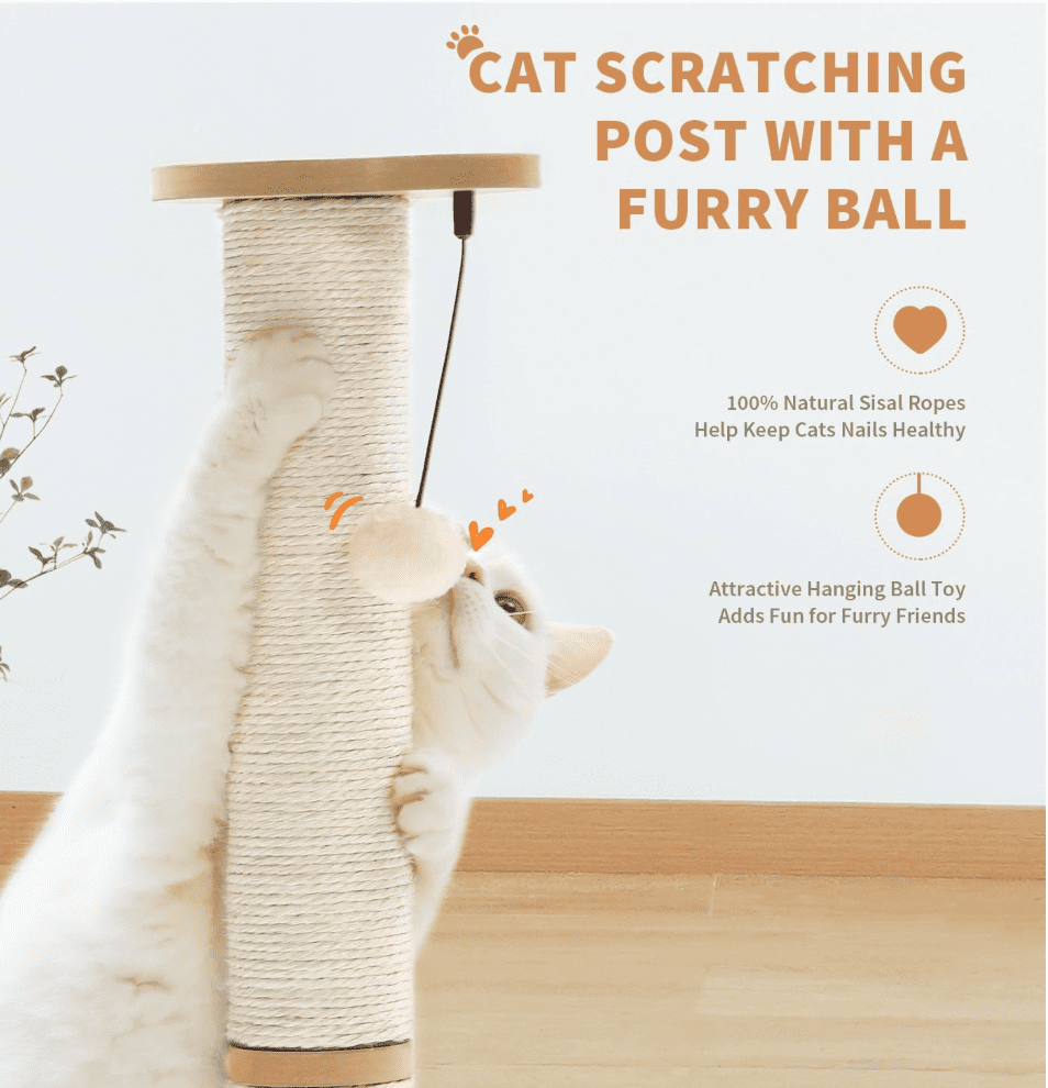Cat Scratching Post Cat Scratcher Kitten Toys for Indoor Cats Wooden Ball Track Two-Layer Modern Sisal 23.4" Tall Scratch Post Interactive Toy with Dangling Ball Middle Size
