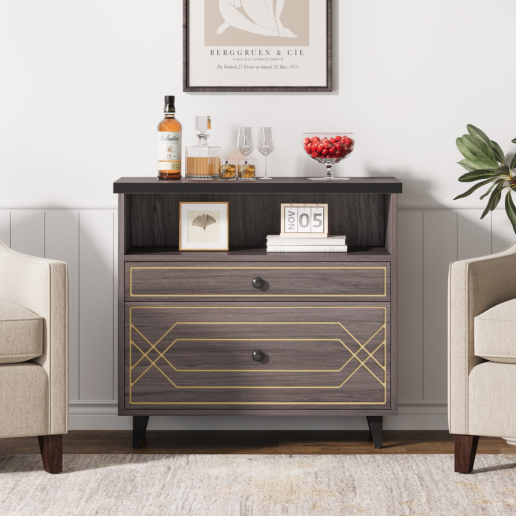 Condemo Lateral File Cabinet, 2 Drawer Filing Cabinet for Letter Size File, Modern Office Storage Cabinet Printer Stand for Home Office, Gray Brown