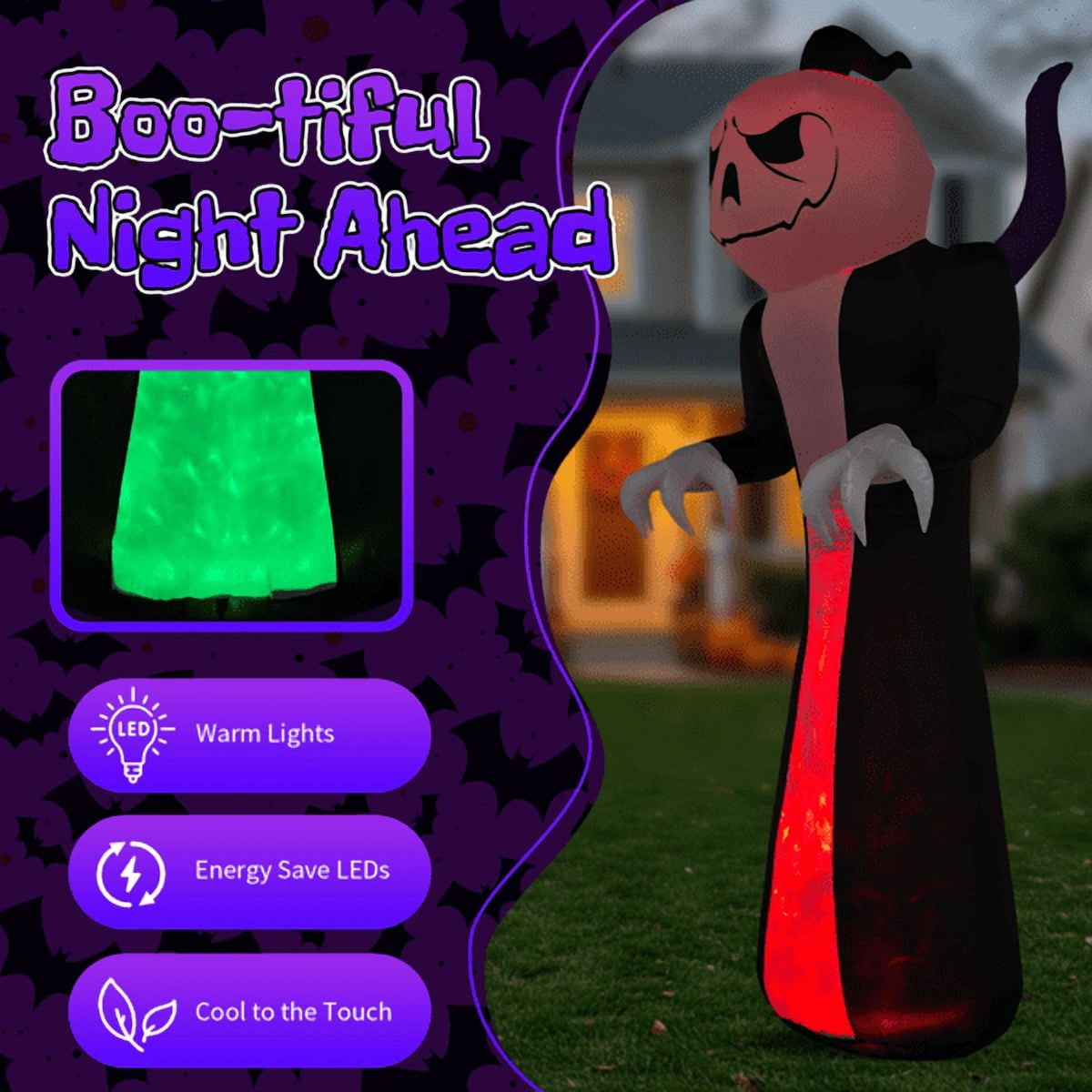 Alvantor 12 ft Pumpkin Head Grim Reaper Halloween Inflatable with 3-Color LED Flame Light, Black and White