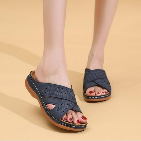 

pafei tyugd Leather Slipper Summer Womens Slide Sandals Open Toe Leather Flat Sandals Flowers Wedges Casual Walking Shoes Size 9.5