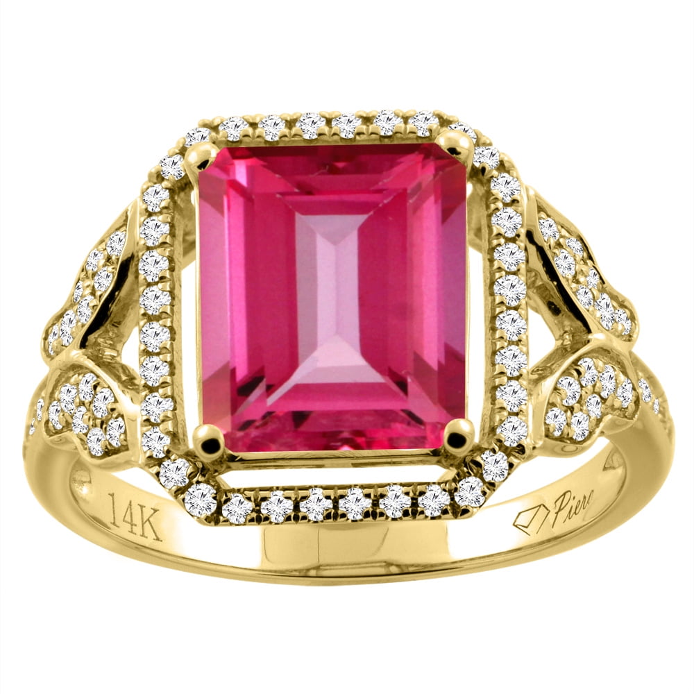 14K Yellow Gold Natural Pink Topaz Ring Octagon Shape 10x8 mm Diamond Accents, size 5 by Gabriella Gold