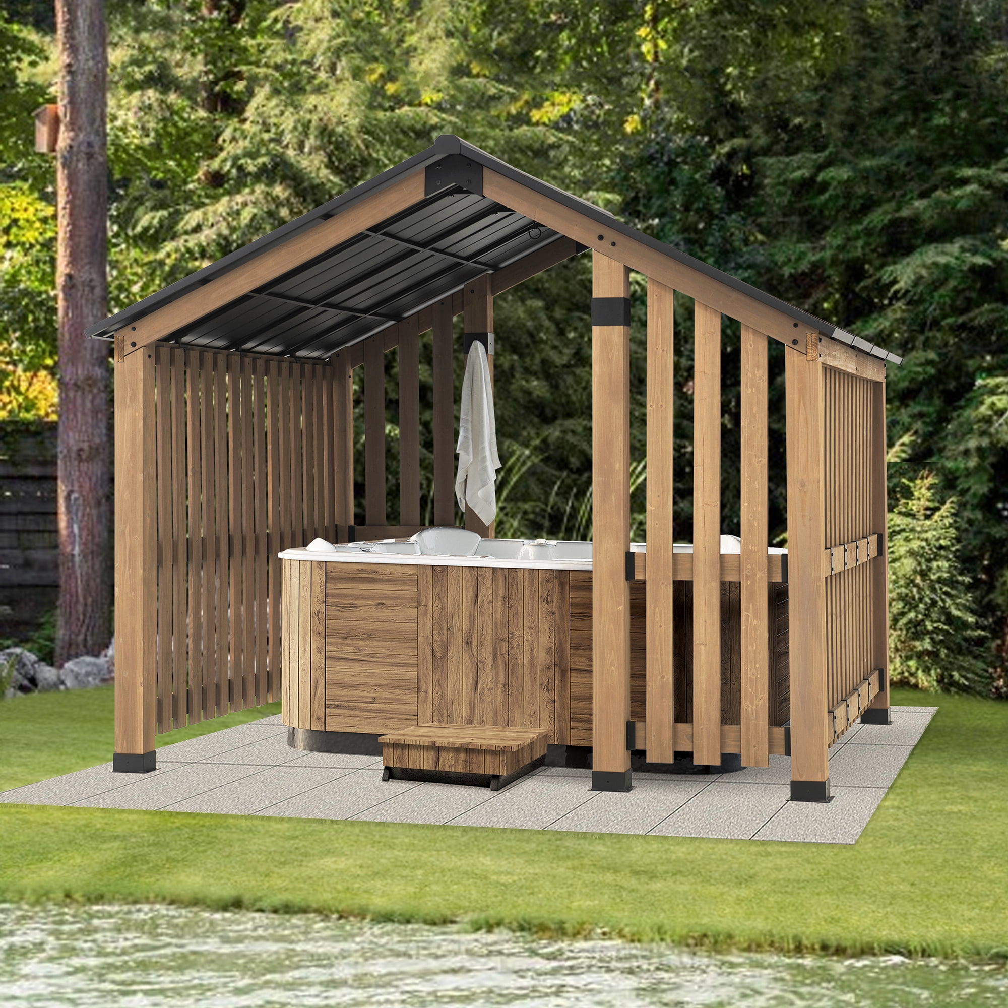 SummerCove Sienna 11 ft. x 11 ft. Cedar Wood Framed Hot Tub Gazebo with Steel Hardtop