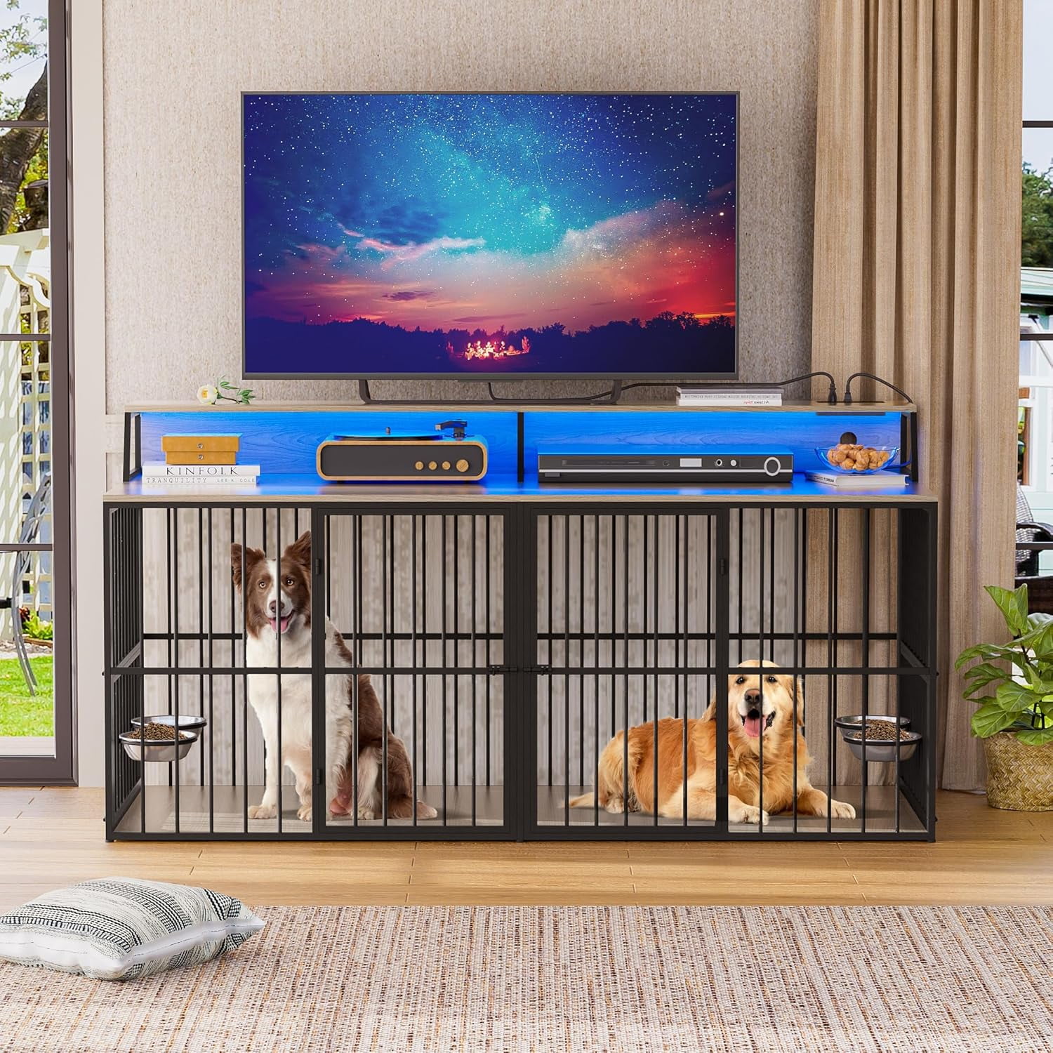 Haverchair 72" Double Dog Crate Furniture with LED Light and Power Outlets, Heavy Duty Wooden Dog Crate TV Stand with Storage Rack, Dog Kennel Indoor Furniture with Rotating Bowls for Large Dogs